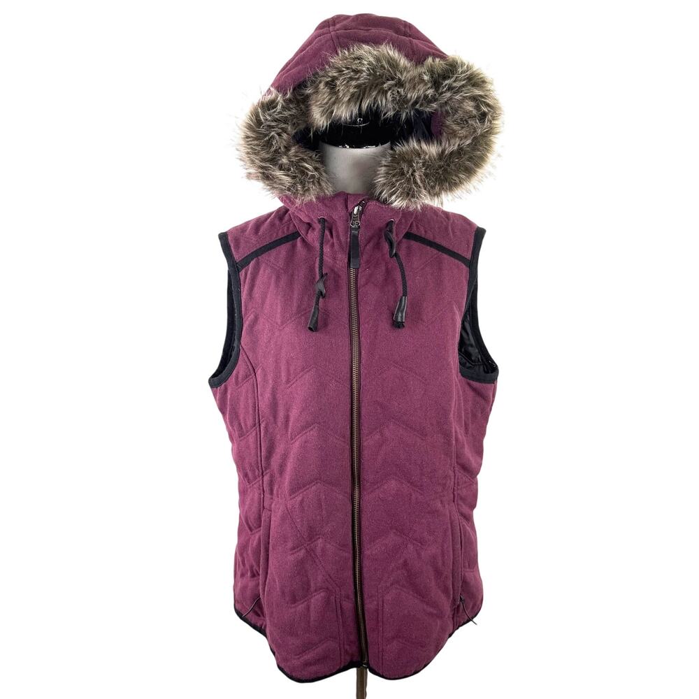 Prana Women's Maroon Calla Fur Hooded Vest Jacket Size Large
